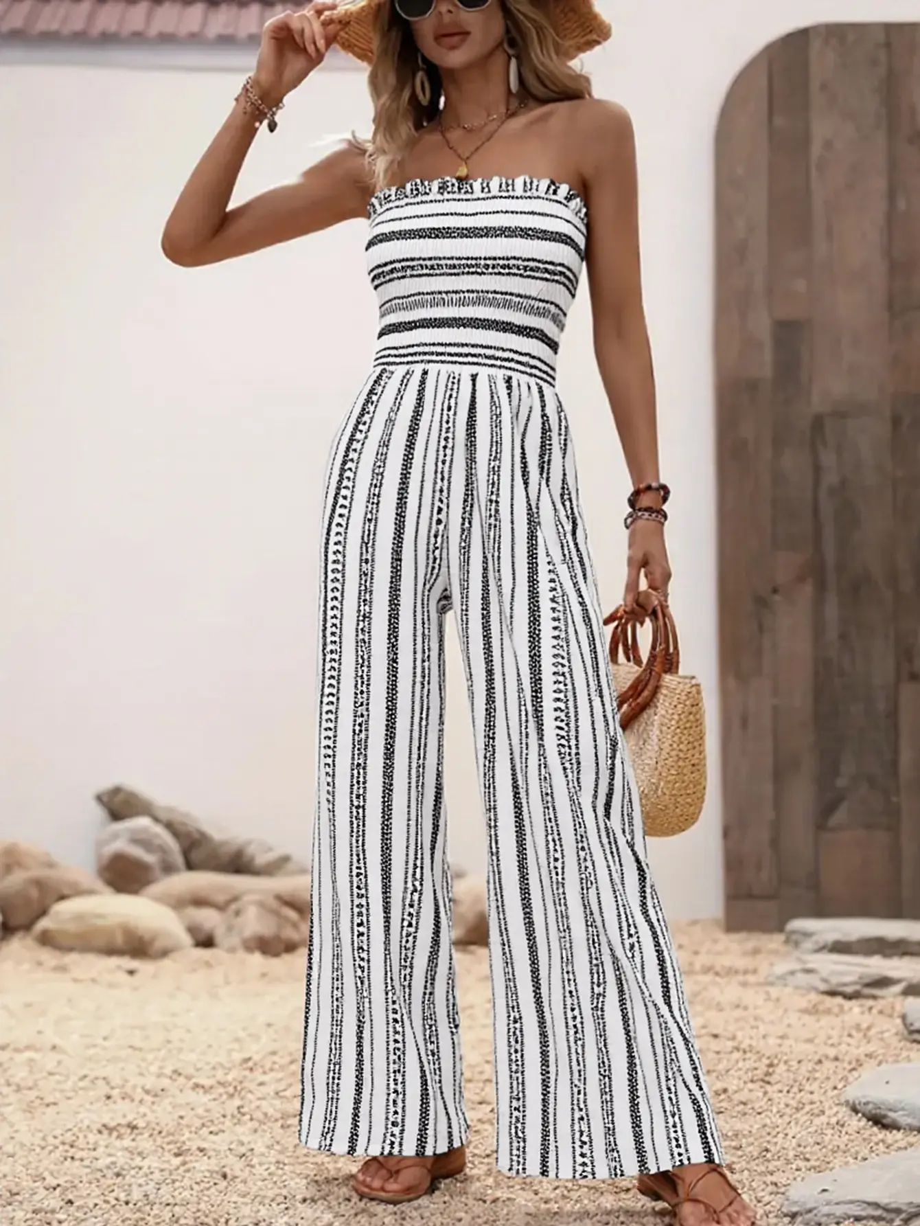 Spring Summer Women Strapless Jumpsuit Striped Design Straight Leg Trousers Ideal for Office Commuting Casual Outings Vacation Chic Women's Jumpsuit for Fashionable Everyday Wear
