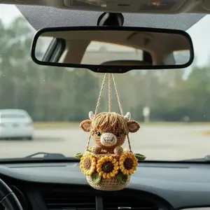 Highland Cow Crochet Car Hanging, Handmade Amigurumi Cow Car Charm, Sunflower Rear View Mirror Decor, Cute Gift