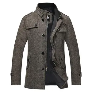 Men's Wool Blend Jacket Stand Collar Windproof Pea Coat