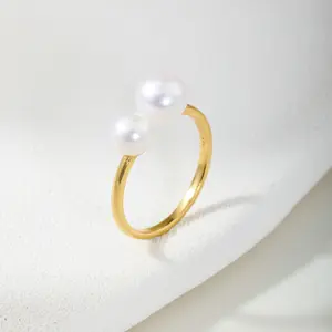 EAMTI 14K Gold Plated 925 Sterling Silver Pearl Rings Minimalist Charming White Freshwater Two Pearls Rings Handmade Adjustable Open Pearls Finger Rings for Women