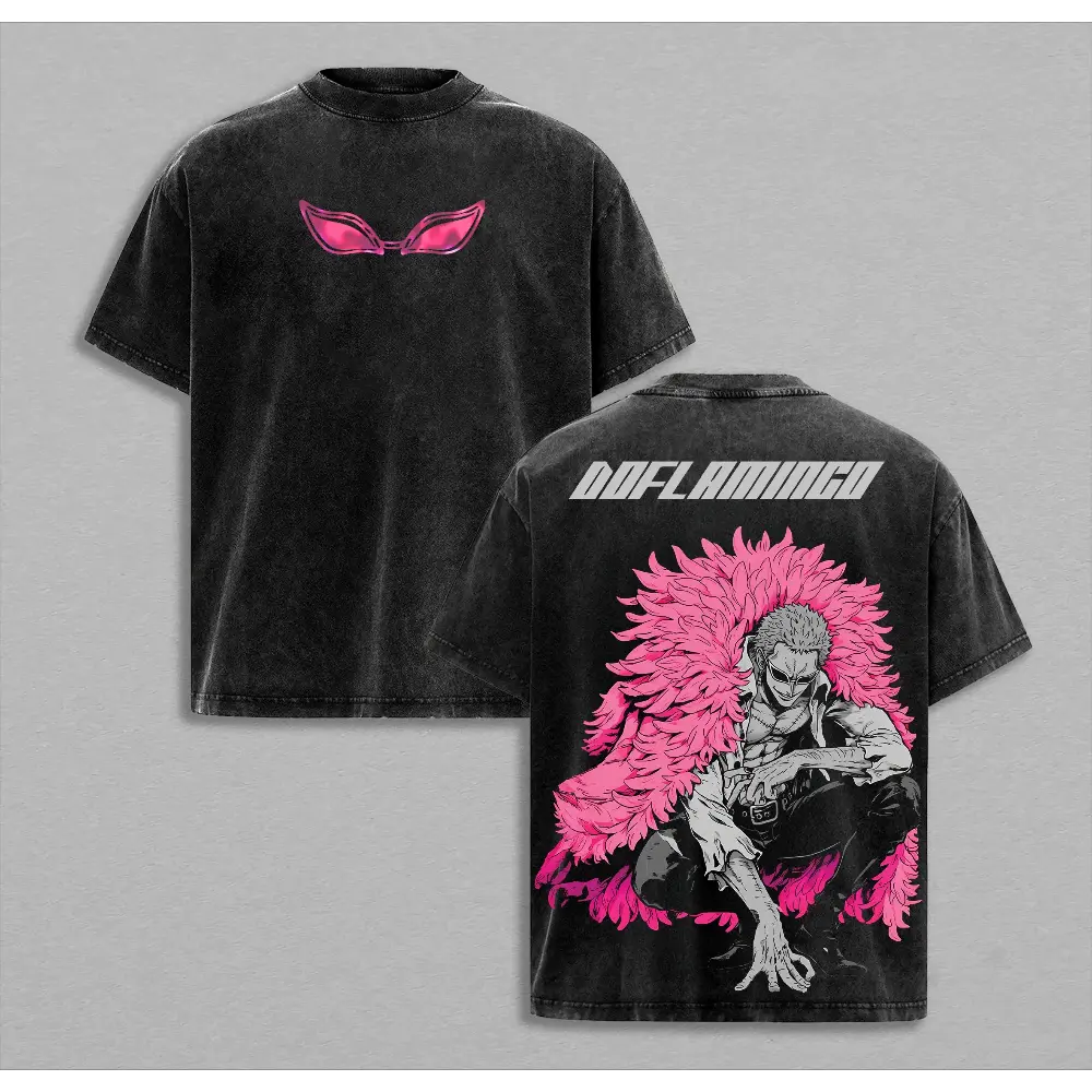 Doflamingo Smile Oversized Washed T-Shirt, 230g Pure Cotton Fabric, Retro Unisex Design, 90s Anime/Manga Style, Acid Washed Lightweight Cotton T-Shirt, Perfect Gift for Anime Fans, Y2K Anime Street Style T-Shirt