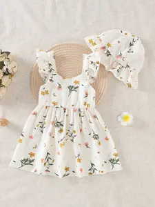 Baby Girl Summer Floral Dress with Flying Sleeves, Lightweight Breathable Fabric, Casual Outdoor, Cute Garden Style, Floral Pattern Dress