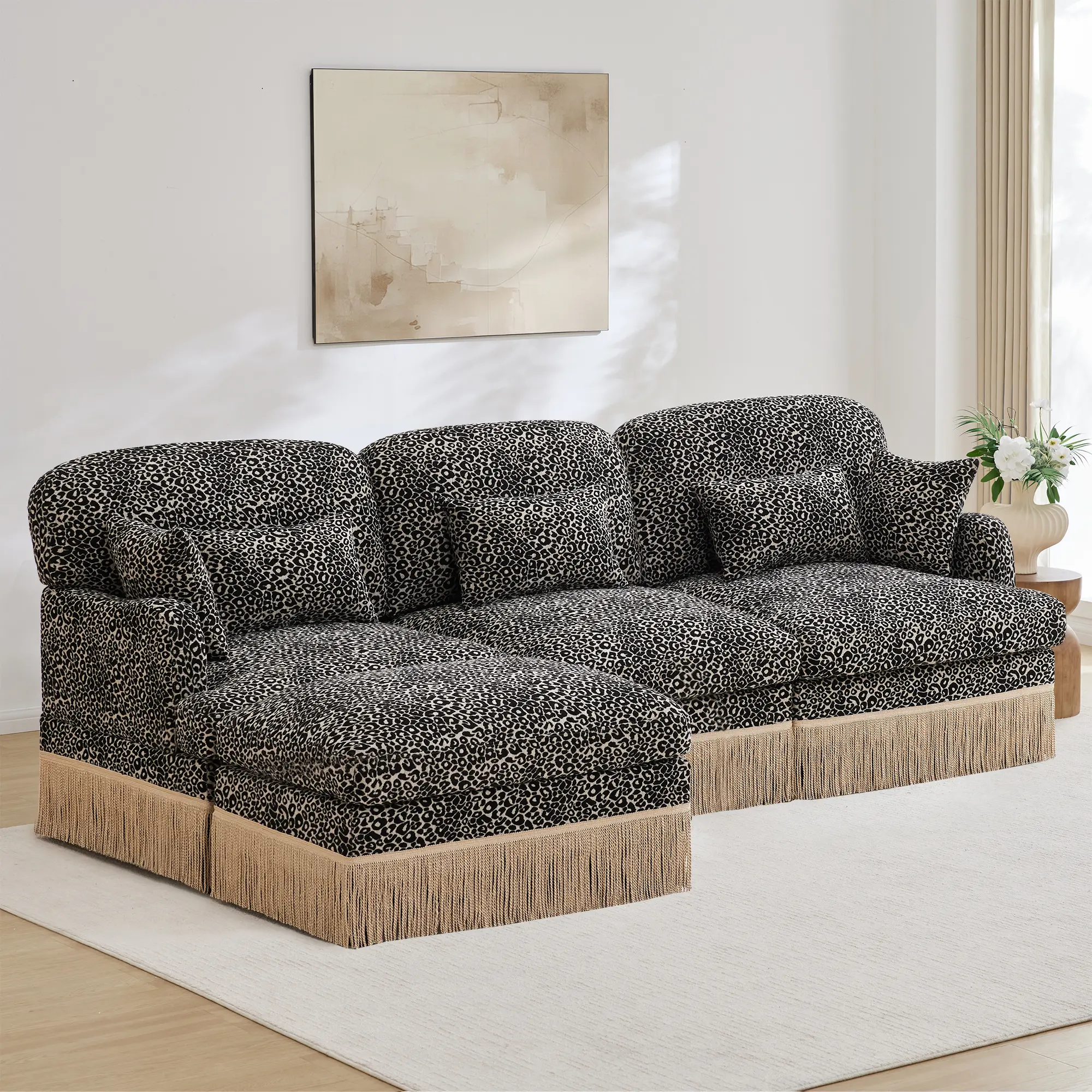 L-Shaped Leopard Print Chenille Sectional Sofa with Movable Ottoman, 100-in Casual Living Room Sofa with Curved Armrest, Modern Tassel Trimmings, Sturdy Build, Ergonomic Foam Deep Seat, Multiple Seats, Quick Connectors, Couches For Living Rooms