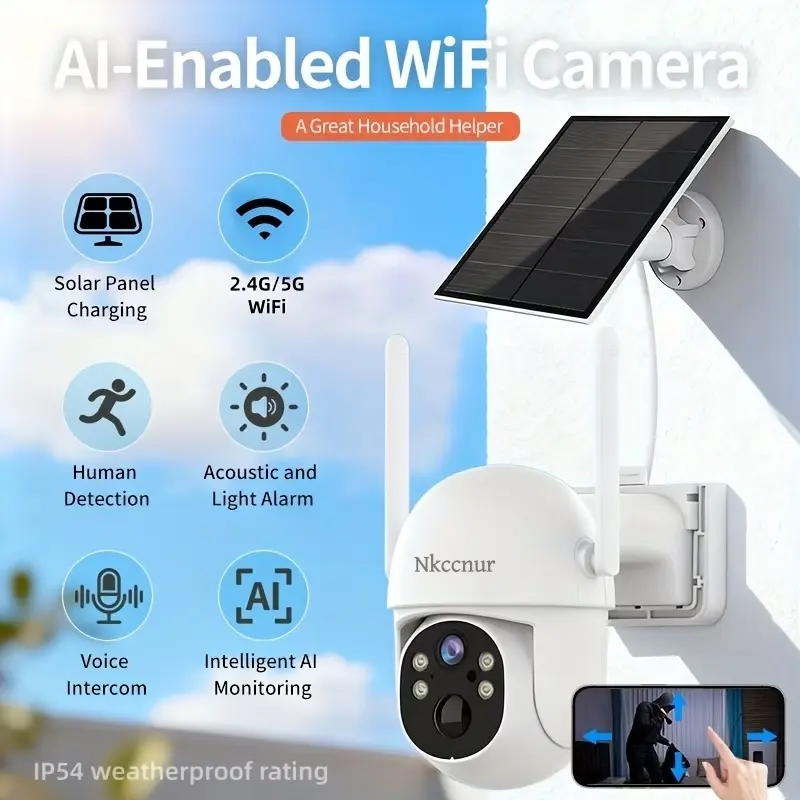 NKCCNUR 1PC security surveillance camera, with solar power, AI detection, sound and light alarm, pan/tilt control via APP, color night vision mode, WiFi connection, 2K HD resolution, two-way audio, encrypted cloud storage.