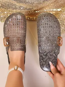 Women's Summer Crystal Transparent Open-Toe Slippers, Fashionable Outdoor Home Sandals, Princess Style Half Slipper Shoes