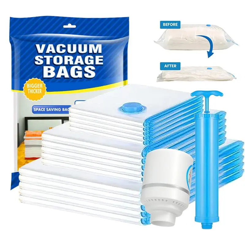 5/11 Pack Vacuum Storage Bags, Blue Transparent, Airtight Dust Moisture-Proof, Extra Large Capacity, 80% Space Saving Bag, Includes Hand Pump Resealable Zipper Bags Waterproof Leakproof Bag
