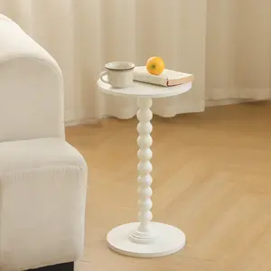 White Modern Round Top Small Side Table - Multi-Functional Indoor Accent Piece with Solid Wood Legs, Drink Holder, Nightstand for Living Room, Bedroom