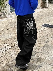 Spider Web Embroidery Jeans, Men's Loose Fit Y2K Design Streetwear Denim Jeans, Casual Fashion Clothing, Comfortable and Stylish