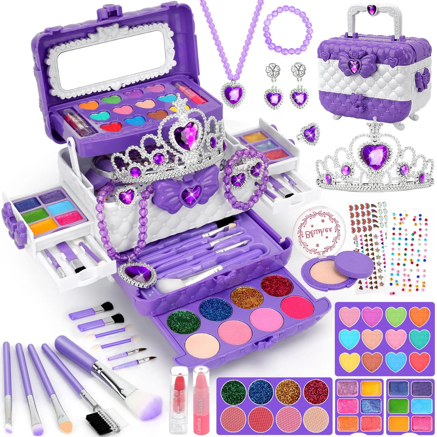 56 Pcs Kids Makeup & Jewelry Kit for Girls, Non-Toxic Washable Real Makeup Set with Princess Crown Necklace Rings, Beauty Roleplay Pretend Play Dress Up Toys Pretend Playset, Perfect Christmas Birthday Gifts for Girls Ages 3-12 (Purple)