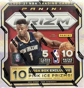 PANINI 2020-21 Prizm Basketball Mega - Pink Ice Box - 10 Packs per Box, 5 Cards per Pack, Green Pulsar & Purple Wave Cards, Authentic Ripped Packaging