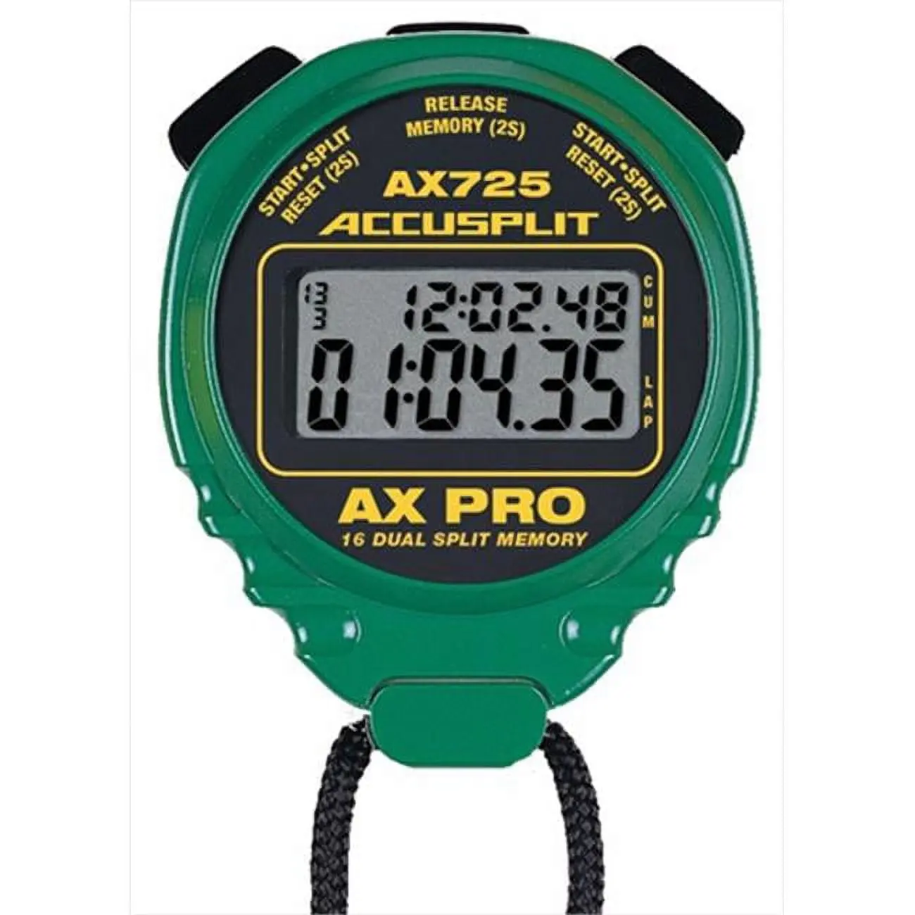 ACCUSPLIT Professional Stopwatch for Athletes, Green Polycarbonate X Case with 16 Dual Split Memory, 1,2 Fast Finish, and 1 Button Rapid Split and Reset, 1.5 Year Battery Life, Aos 4.5 Operating System, Ax Pro Memory Series Stopwatch, Unisex, 16 Memory