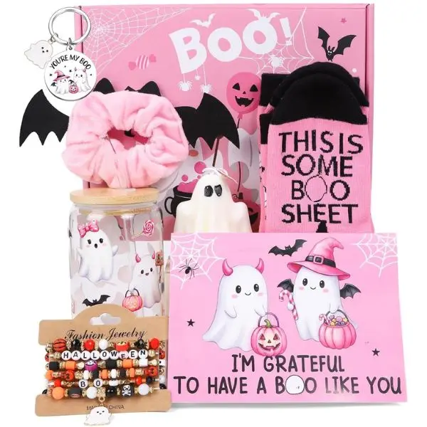 Boo Basket Stuffers for Women Girls Spooky Halloween Gifts Ideas | 6pcs, Pink Boo Design,16oz Glass Cups with Lid Straw, Cute Halloween Bracelets, Soft Funny Socks, Scrunchie, Keychain, Card