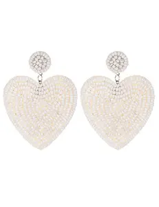 White Rice Beads Love Heart Earrings