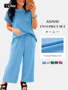 women's twisted ribbed knit solid color set - round-neck short sleeve t-shirt & wide leg pants with side pockets, casual comfy for summer daily wear