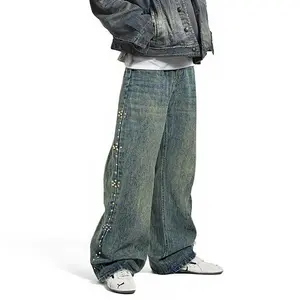 Inflation Men's Street Beaded Cat Whisker Vintage Jeans Fall New American Cleanfit Flared Jeans Menswear Streetwear Casual Denim