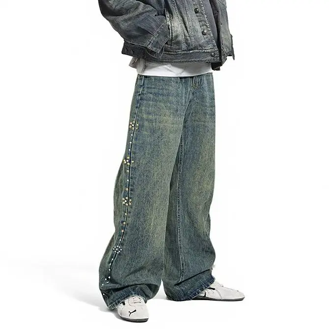 inflation Men's Retro Flared Denim Jeans - Vintage Beaded Cat Whisker Design, Fitted Cut, Casual Streetwear Bottoms, Kick Flare Jeans, Denim Jean Pants