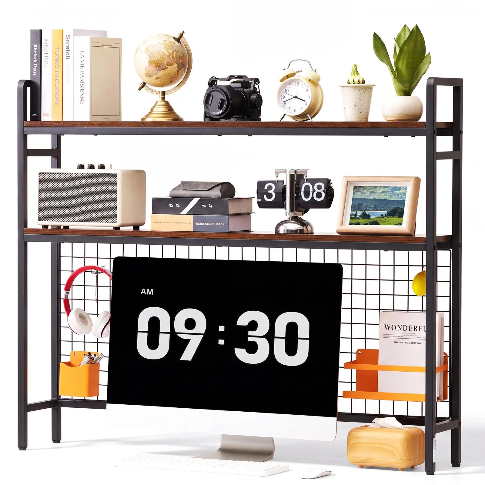 【summerfinds】VEVOR Desktop Bookshelf 3-Tier Countertop Storage Hutch with Grid Black, for Computer Desk, Metal Frame and Wooden Shelf, with Non-Slip Feet Pads, Desk Hutch Storage Organizer for Dorm, Home, Office