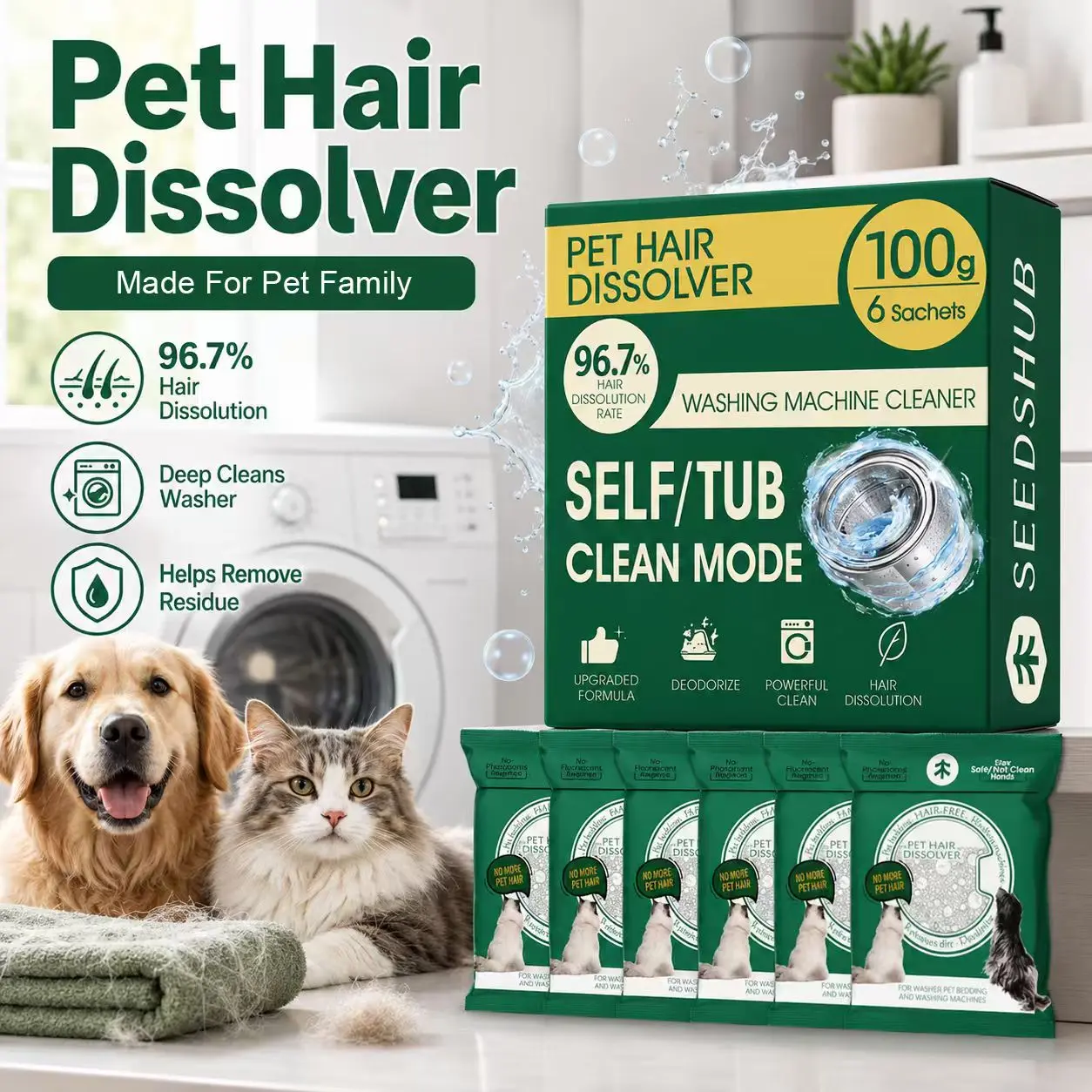 Seedshub Washing Machine Pet Hair Dissolving Cleaner, 5-in-1 Enzymatic Formula for Deep Cleaning & Pet Bedding, Dog & Cat Hair & Odor Removal, Septic-Safe for Front & Top Load HE Machines, 6 x 100g Individual Sachets