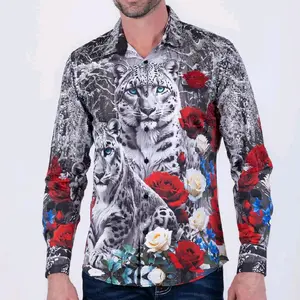 Barabas Men's Snow Leopard & Floral Print Long Sleeve Shirt with Red Roses and White Flowers Food
