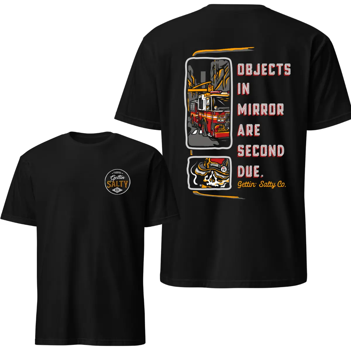 Vintage Fire Truck Firefighter Graphic T-Shirt, Objects In Mirror Fire Service Casual Tee, Soft Cotton Blend Firefighting Lifestyle Gift For Men & Women