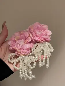 Bohemian Fabric Flower Pearl Earrings for Women, Perfect for Weddings Vacations Holidays, Zinc Alloy Chain Style Jewelry