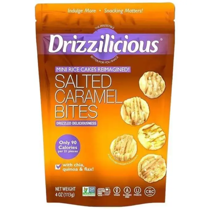 Drizzilicious Salted Caramel Mini Rice Cakes – Low Sugar Vegan Gluten-Free Healthy Snack 90 Cal – 4 oz Packs with Chia, Quinoa & Flaxseed