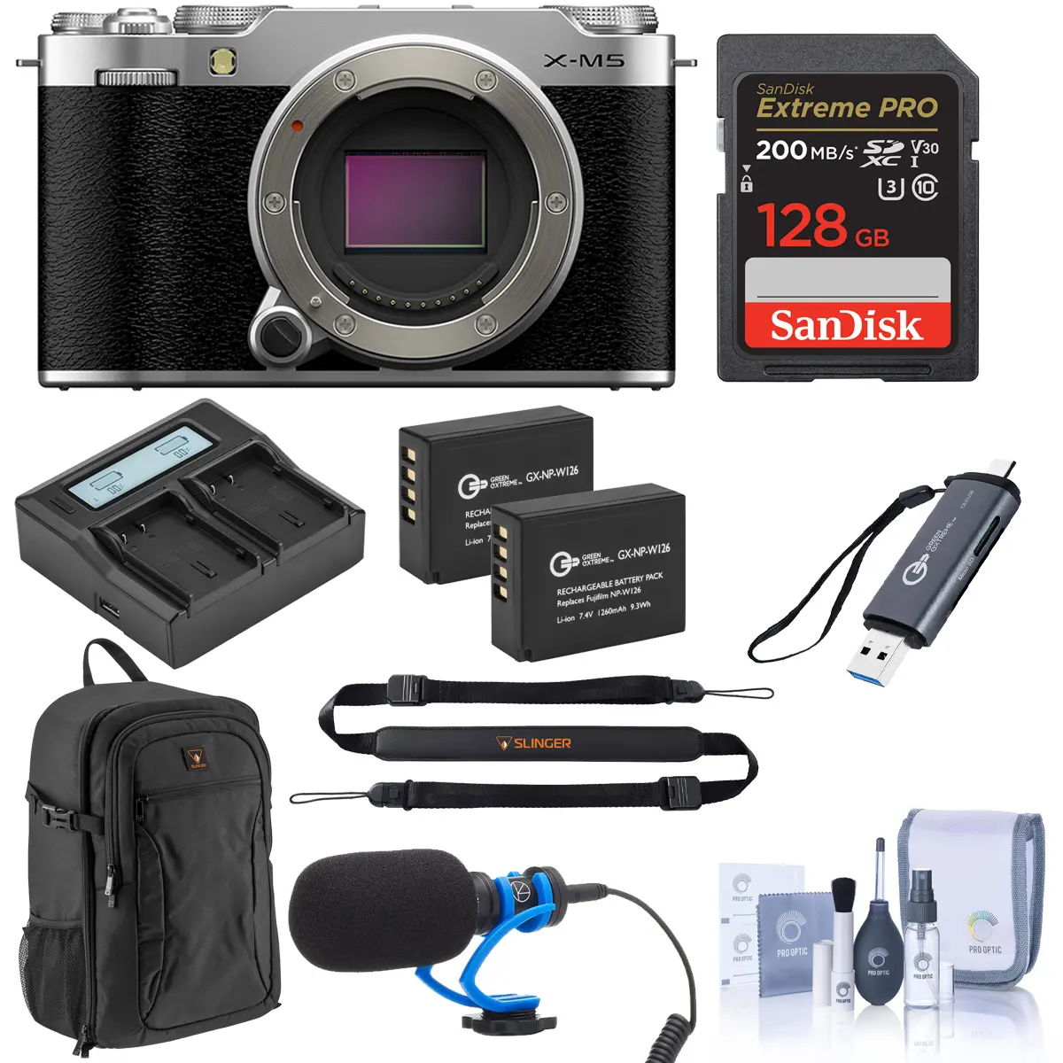 Fujifilm X-M5 Mirrorless Camera, Silver, Bundle with 128GB Memory Card, 2x Extra Battery, Shotgun Microphone, Card Reader and Backpack