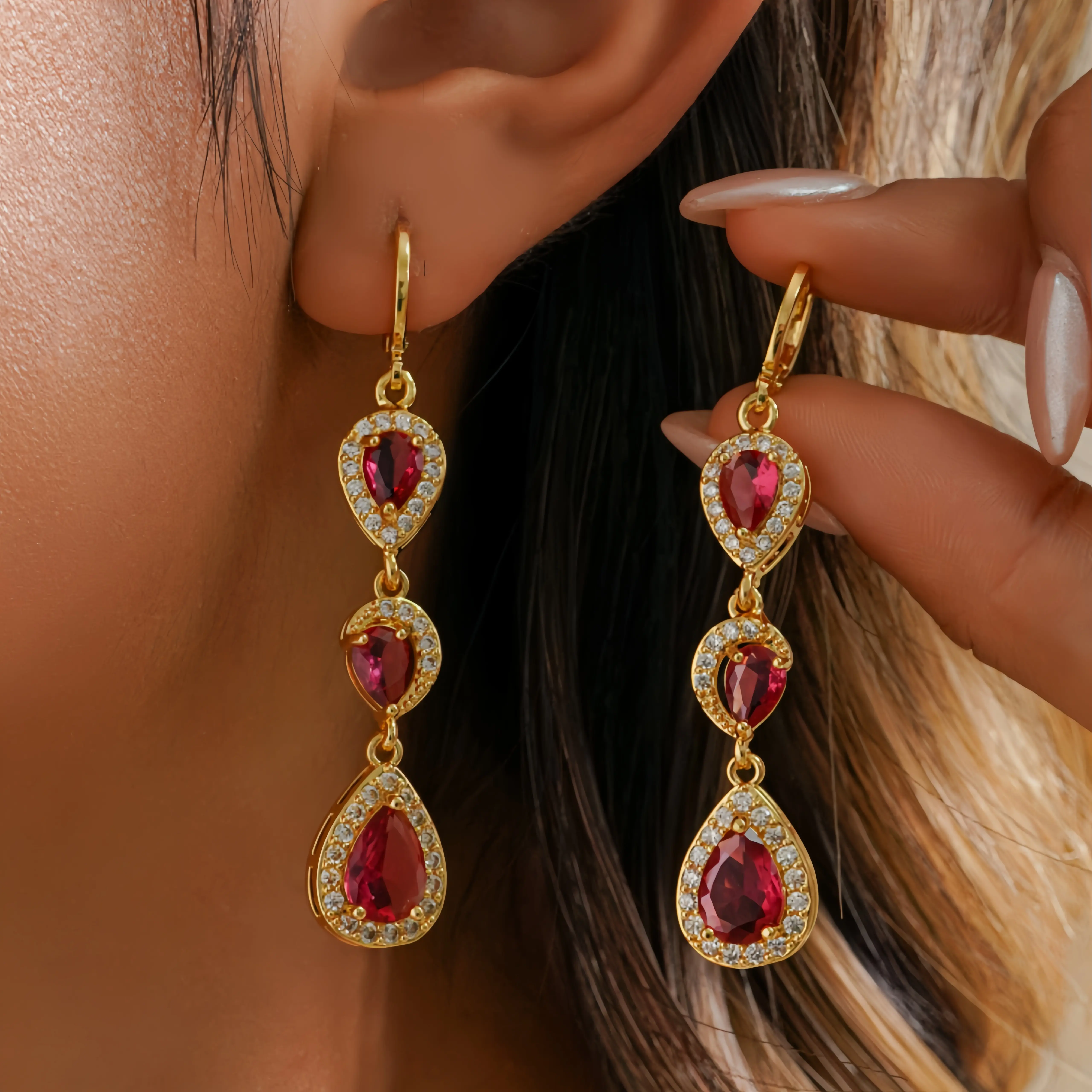 18K Gold Plated Rose Red Gemstone Teardrop Moon Design Symmetrical Long Dangle Earrings for Women Hypoallergenic Cubic Zirconia Elegant Chandelier Drop Statement Jewelry Gifts
