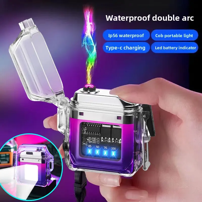 Waterproof Double Arc Electronic Lighter - EDC Gear Keychain with COB Portable LED Flashlight, Multifunctional Tool for Outdoor Camping Survival, Campfire Parties, Camping Torch Lighter, Detachable Multifunctional Lighter