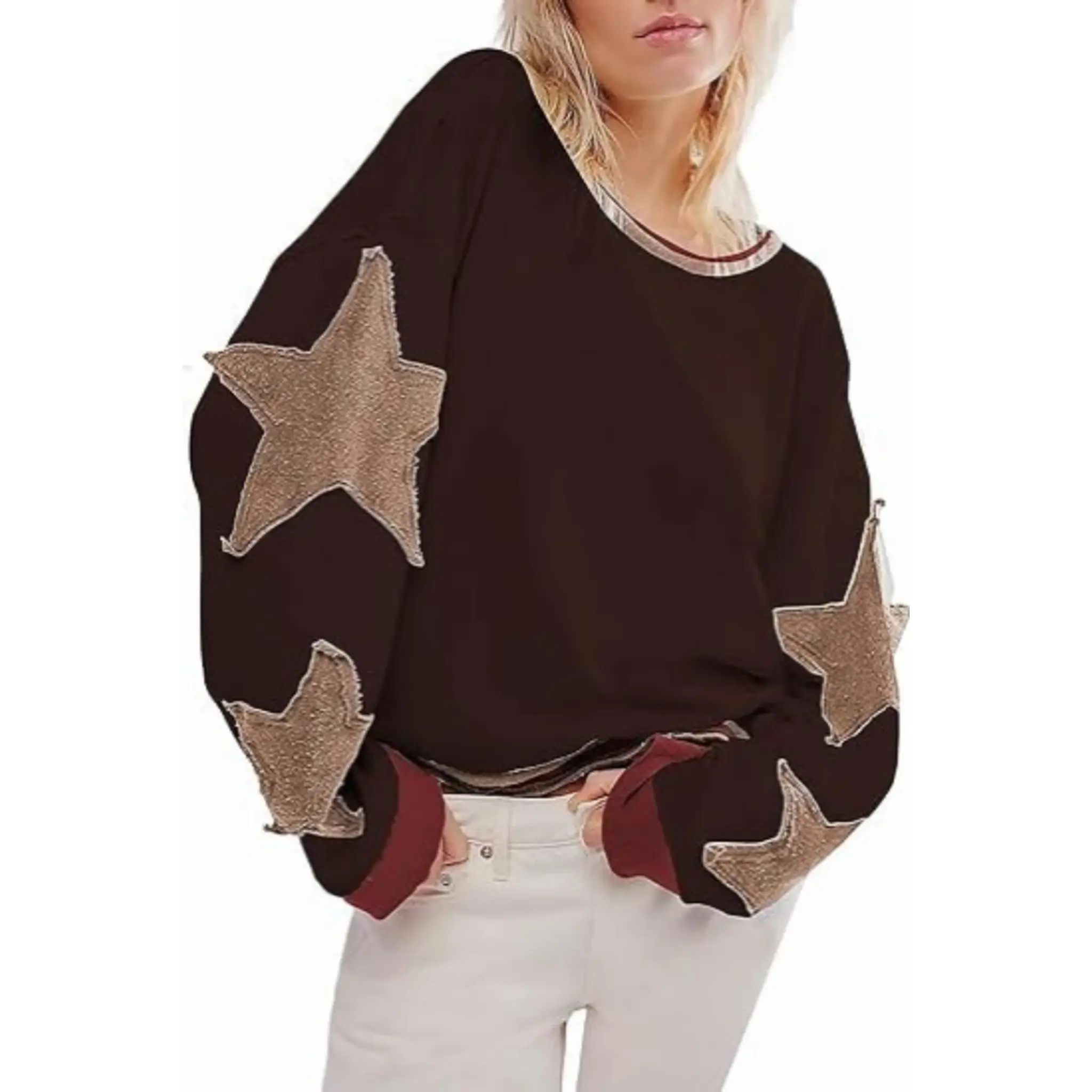 utcoco Oversized Sweatshirt for Women Star Patches Crew Neck Long Sleeve Shirts Hoodies Fashion Y2K Tops