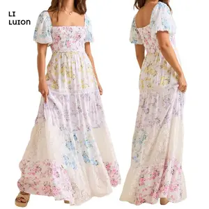 Women Summer Beautiful Colorful Floral Print  A-line Dress Casual Ruffled Hem Short Sleeve Party Dress For Cocktail Streetwear Elegant Fashion Beach Womenswear(Sheet)