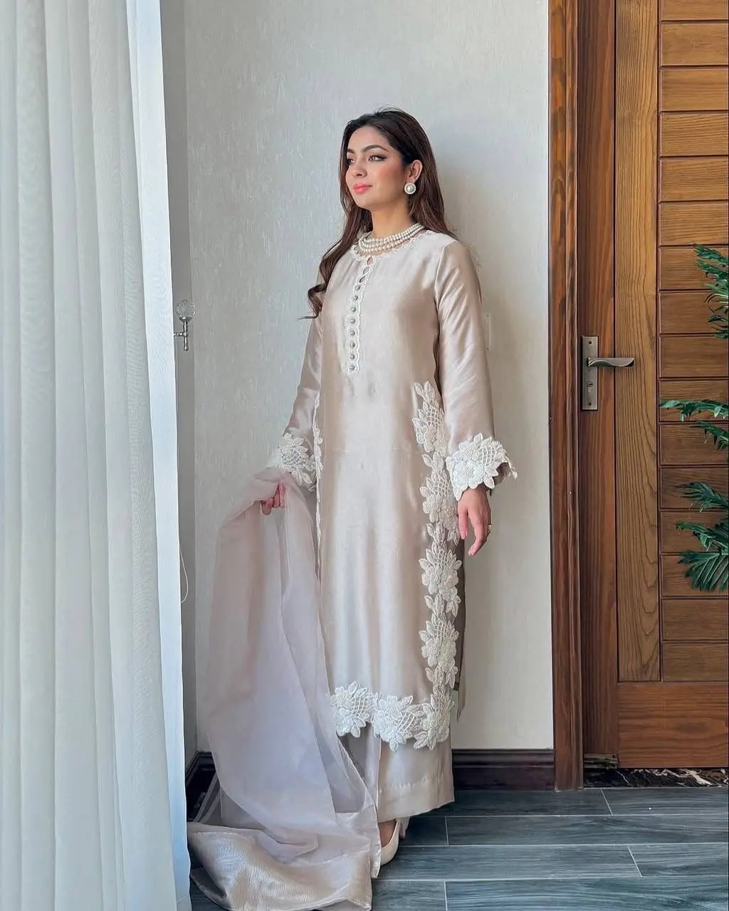 Lady's Silk Fabric Palazzo Suit Set with Pearl Handwork | Designer Festive Wear Long Kurta, Cutwork Pants & Moti Border Dupatta, Traditional, Elegance, Ethnic, Lace, Clothes, Elegant, Pearls, Midnight Black, Embroidered, 2 Side Moti Lace Border, Top, Pear