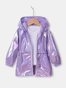 Girls' Lightweight Colorful Hooded Jacket, Spring & Fall Long Sleeve Casual Outerwear, Cute Fitted Design, Perfect for Outdoor Activities, Shiny Coat, Zip Front Jacket