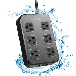 WHATOOK IPX6 Outdoor Power Strip Weatherproof, Waterproof Surge Protector with 6 Wide Outlet with 3 USB Ports, 6FT Long Extension Cord, Wall Mountable for Outside Decorations and More UL Listed Shockproof Overload Protection Home Office Patio Porch(Black)
