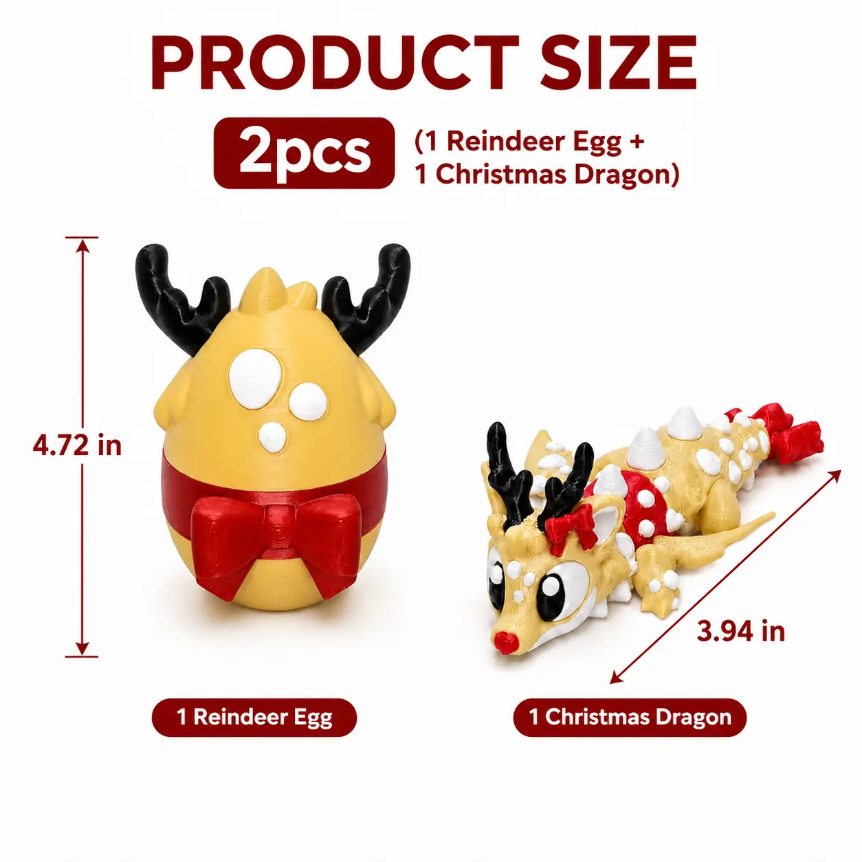 2PCS Boxed Plastic 3D Printed Christmas Dragon Ornament Set - Articulated Dragon with Reindeer Egg, Cute Holiday Desk Decor, Unique Stocking Stuffer Gift for Kids