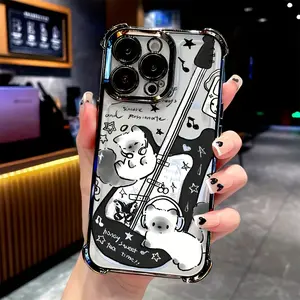 Cute Black Guitar Music Cat Phone Case Compatible with Samsung Galaxy S22 S23FE S24 S22 Plus S23 Ultra S24 Ultra S25 iPhone 17 17 Air 16 15 14 13 12 11 Pro Max X XS Max Shockproof Transparent Soft Back Cover,Gift for friend