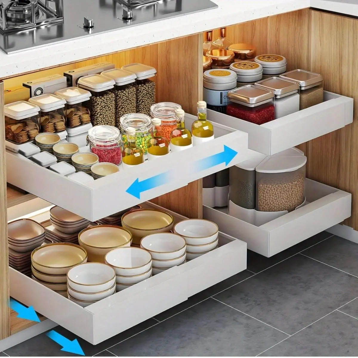 ZHOHO TANT 1pc Heavy-Duty Metal 1-Layer Adjustable Rectangle Pull-Out Cabinet Organizer - Expandable Slide-Out Shelf with Varnished Finish, Nano Adhesive Layer for Kitchen, Pantry, Pull-Out Kitchen Cabinets Organization, Kitchen Organization