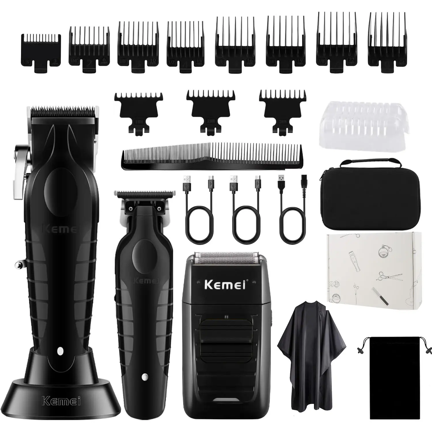 KEMEI Professional 3-in-1 Men's Grooming Kit, Cordless Hair Clipper, T-Blade Trimmer & Foil Shaver for Home Haircuts & Beard Styling, USB Rechargeable Barber Equipment with 11 Guide Combs, Adjustable Trimmer Head, Batteries, Abs, Face, Men's Stuff