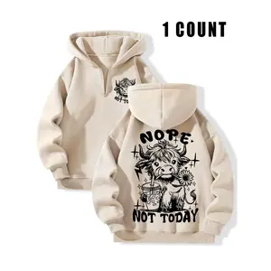 Womens Oversized Half Zip Hoodie Trendy Cute Highland Cow Graphic Fleece Sweatshirt, Cozy Outfits for Women, “NOPE NOT TODAY” Vibe Hoodie, Loose Fit Pullover with Pocket, Aesthetic Casual Clothes for Teen Girls, Warm Fuzzy Hooded Sweatshirts