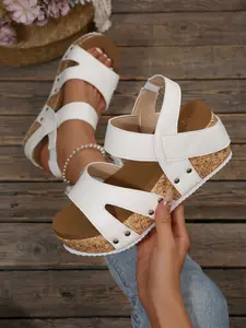 Women's Summer Wedge Sandals, Cork Sole Rivet Thick Bottom Shoes, Beach Vacation Versatile Heel Boosters, Comfortable and Stylish Footwear