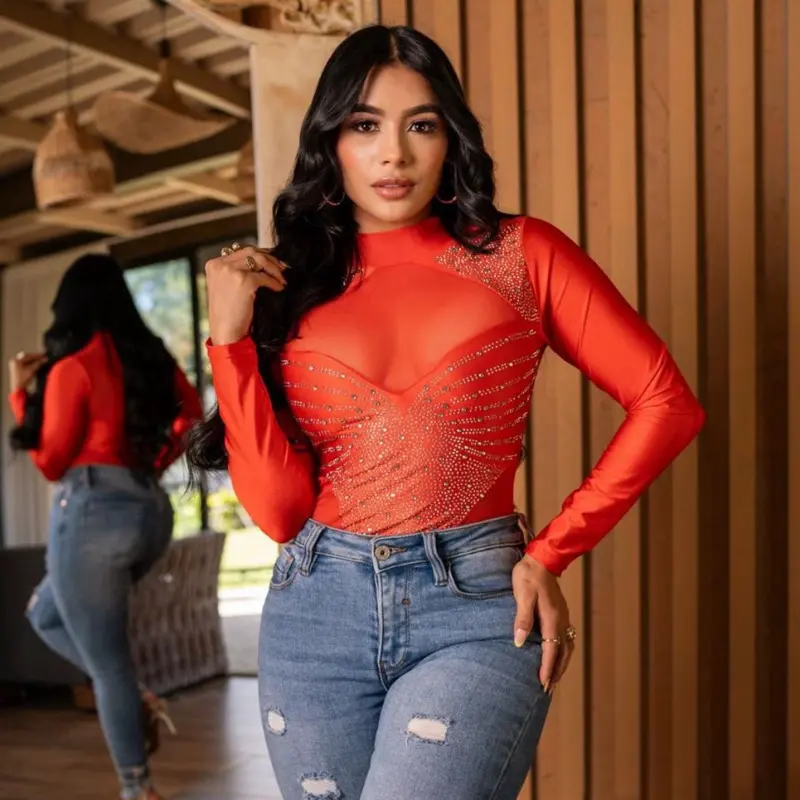 Women's Chic Colombian Lady Bodysuit Top - Long Sleeve, Sheer Mesh, Rhinestone-Accented, Comfortable Fit, 1-Piece for Daily Elegance, S-L Sizes, Casual