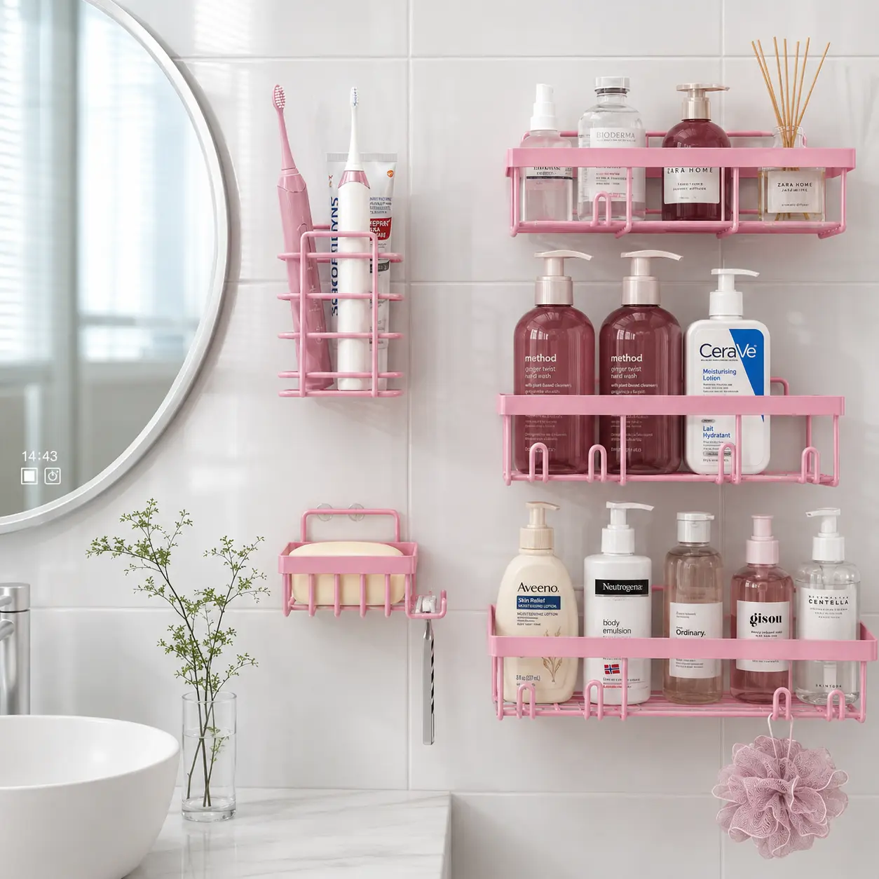 5-Tier Corner Shower Caddy, No Drill Stainless Steel Bathroom Organizer with Strong Adhesive, Shower Storage Rack with Hooks & Soap Holder for Shampoo, Conditioner, Skincare Essentials