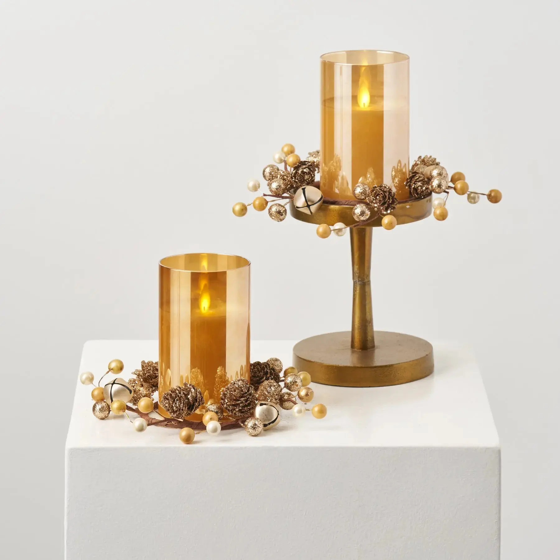 Handmade Space-Saving Mini Christmas Candle Ring Centerpiece Set - Elegant Holiday Mini Wreath Candle Holder with Glitter Pinecones, Champagne Jingle Bells, Artificial Leaves for Tabletop Home Decor