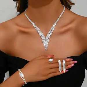 Elegant Bridal Jewelry Set, Silver Plated Copper, Synthetic Zirconia, Necklace, Bracelet, Earrings, for Wedding, Banquet, Party, Thanksgiving Day Accessory