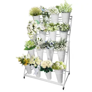 4 Layers Flower Display Stand With 16 PCS Buckets, Flower Bucket, Metal Plant Stand with 4 Wheels, Heavy Duty Moving Flower Cart Shelf, for Patio Garden, Balcony, Florists, Cafés