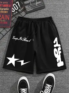 Men's Summer Casual Loose-Fit Shorts, Streetwear Sports Shorts, Star Lightning & Letter Pattern, Perfect for Sports, Gym, Daily Wear, Breathable Five-Point Pants