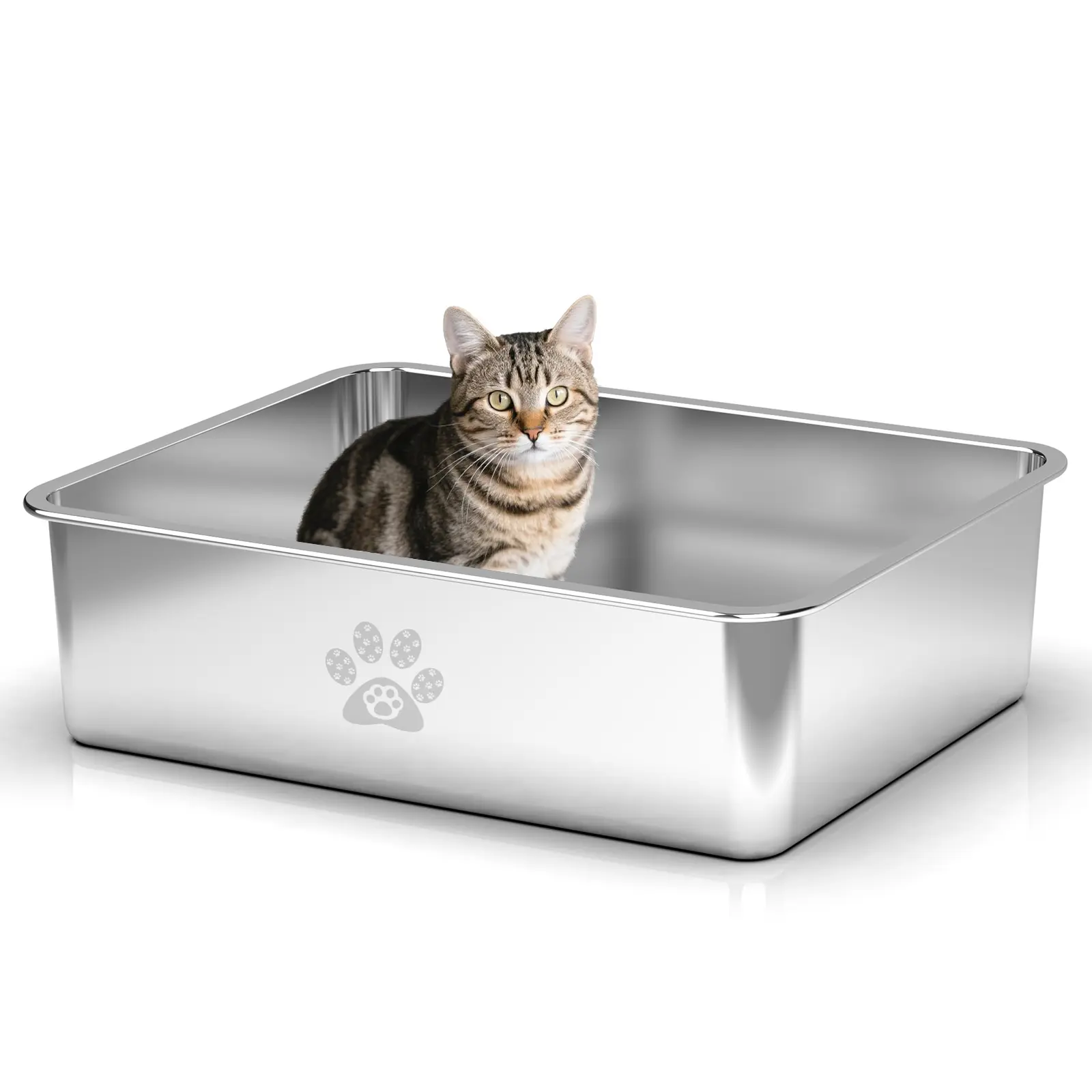 PTLOM Stainless Steel Cat Litter Box High Side, No Lid Large Space, Splash-proof Non-stick Cat Pet Supplies