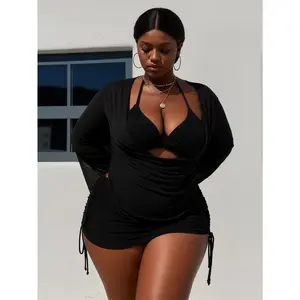 Plus Size 3-Piece Swimsuit Set, Solid Halter Bikini with a Loose Fit Bell Sleeve Coastal Cover Up for Beach Vacation, Bathing Suit