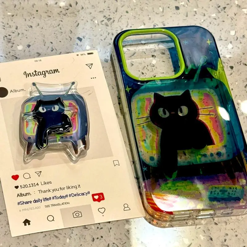 Abstract TV Black Cat High Transparent Glossy Phone Case for   iphone 17 pro max case   16 15 14 13 12 11 Pro Max TPU Soft Shell Shockproof Adorable Design Protection