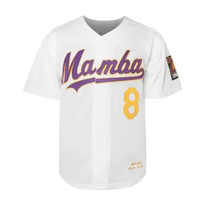 White V-neck short-sleeved baseball jacket with purple and yellow embroidered decorations, prominent numbers 8 and 24, breathable mesh fabric, suitable for casual and sports wear.
